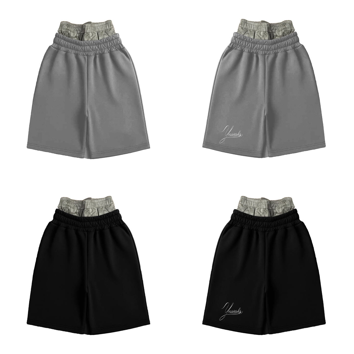 "YESSIRSKIII" DOUBLE-WAIST CAMO GREY SHORTS