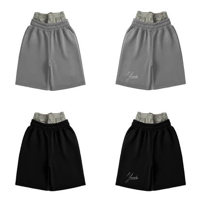 "YESSIRSKIII" DOUBLE-WAIST CAMO BLACK SHORTS