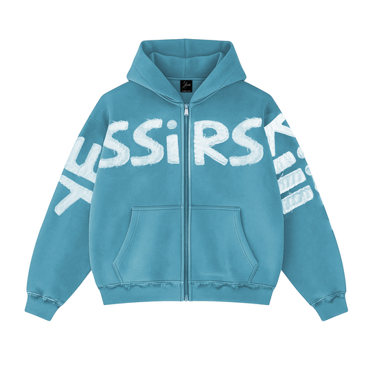 "YESSIRSKIII" BLUE ZIP HOODIE