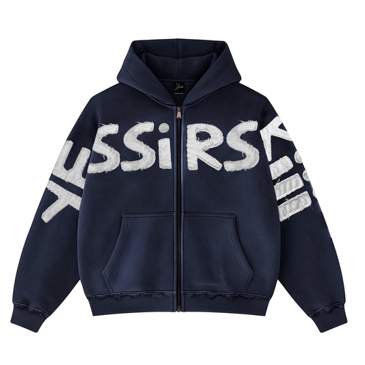 "YESSIRSKIII" NAVY BLUE ZIP HOODIE