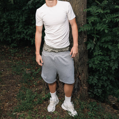 "YESSIRSKIII" DOUBLE-WAIST CAMO GREY SHORTS
