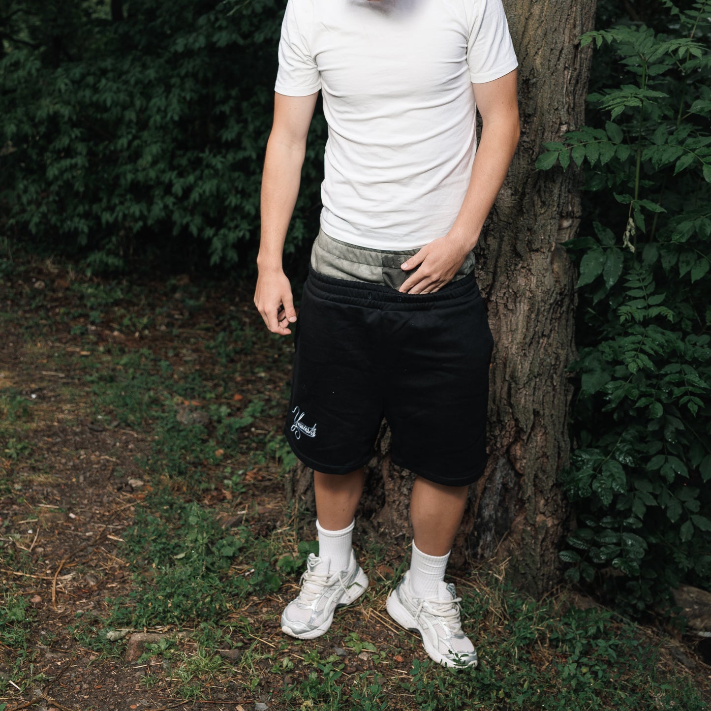 "YESSIRSKIII" DOUBLE-WAIST CAMO BLACK SHORTS