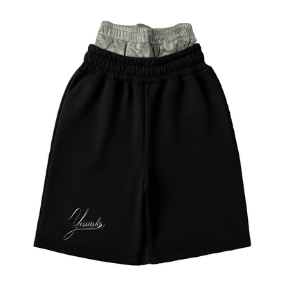 "YESSIRSKIII" DOUBLE-WAIST CAMO BLACK SHORTS