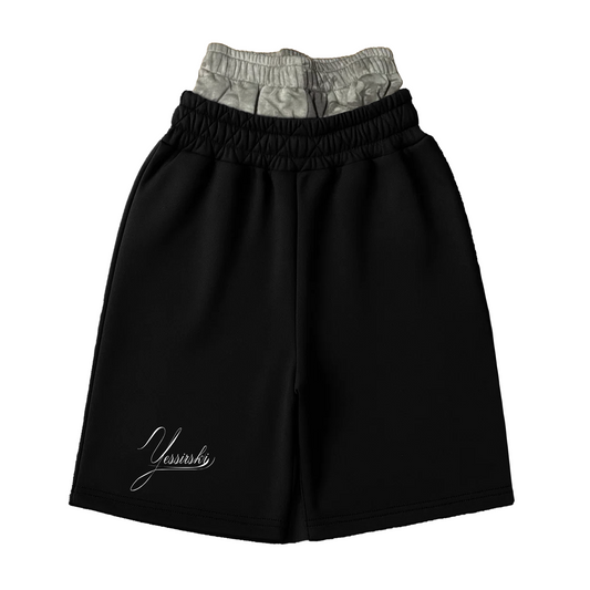 "YESSIRSKIII" DOUBLE-WAIST CAMO BLACK SHORTS