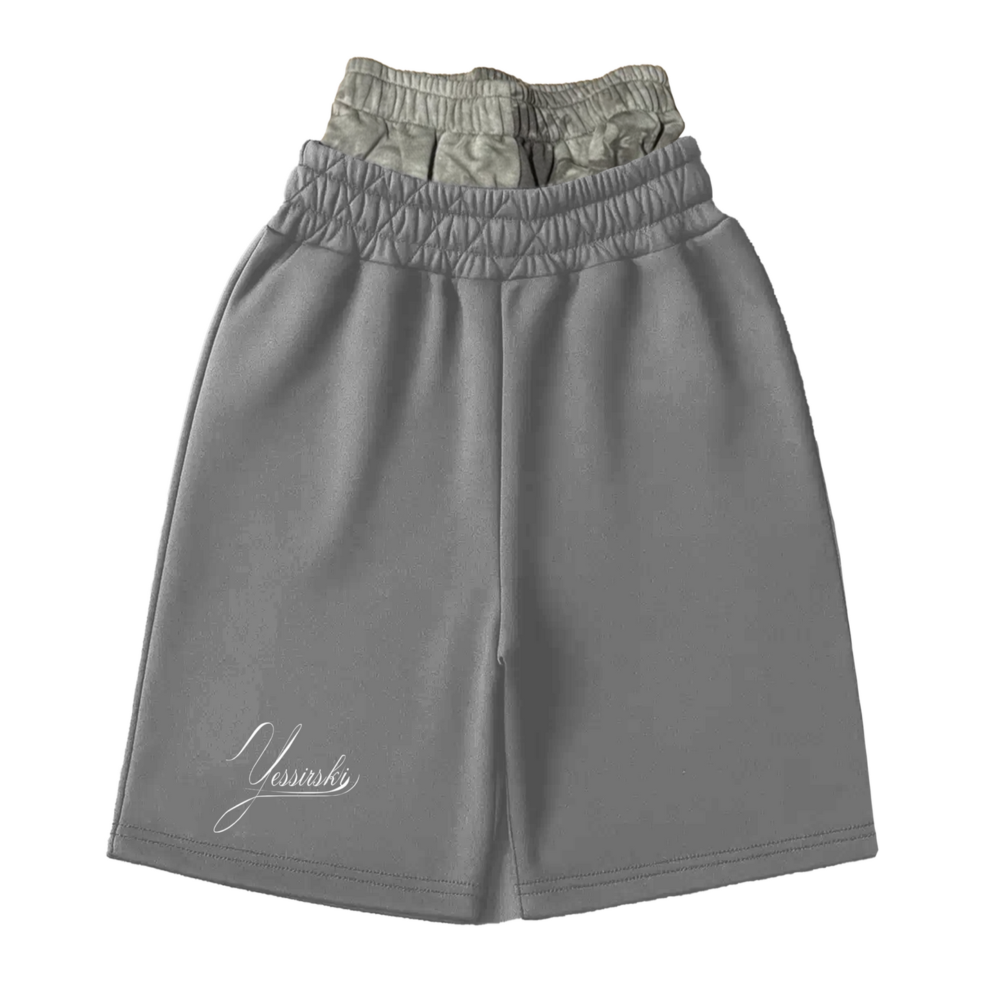"YESSIRSKIII" DOUBLE-WAIST CAMO GREY SHORTS