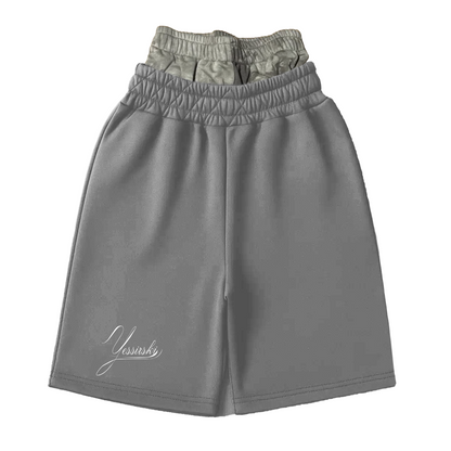 "YESSIRSKIII" DOUBLE-WAIST CAMO GREY SHORTS