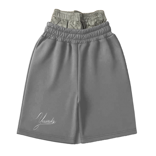 "YESSIRSKIII" DOUBLE-WAIST CAMO GREY SHORTS